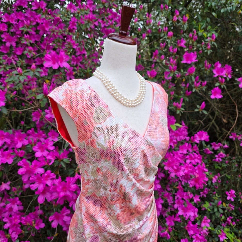 Adrianna Papell Dress Size 6 Pink Floral Sheath Midi Spring Textured Colorful
